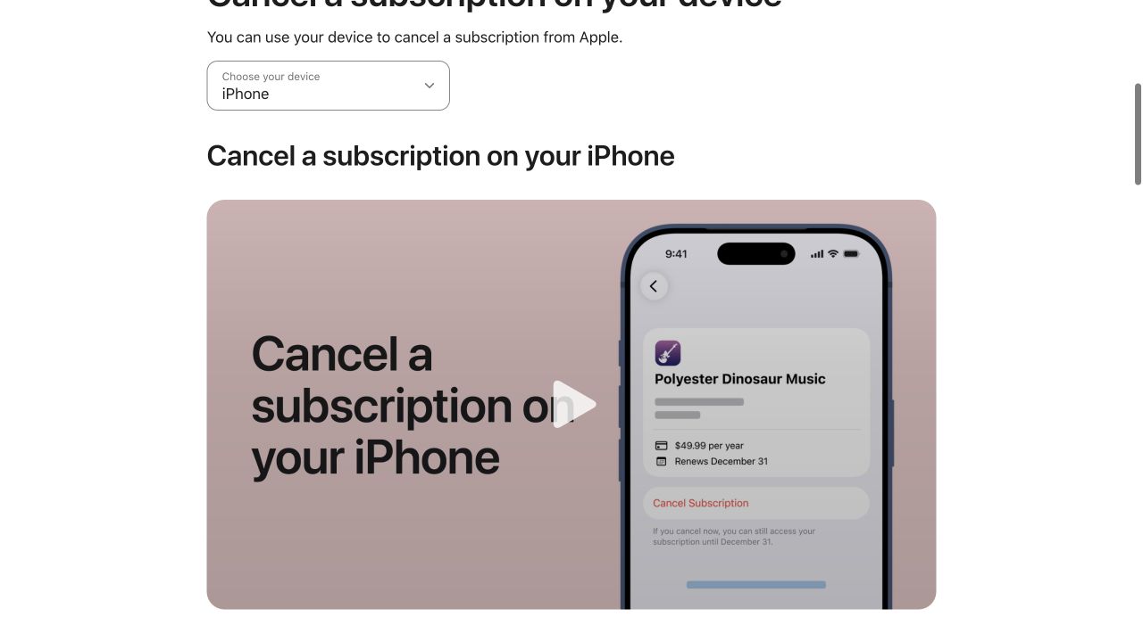 Apple Support showing the iPhone subscription cancellation screen and Cancel Subscription control