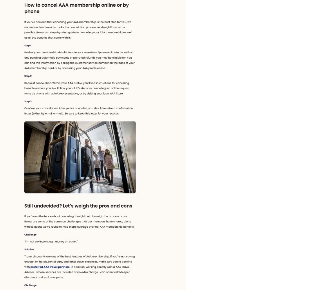 AAA Club Alliance cancellation article showing the three official membership cancellation steps