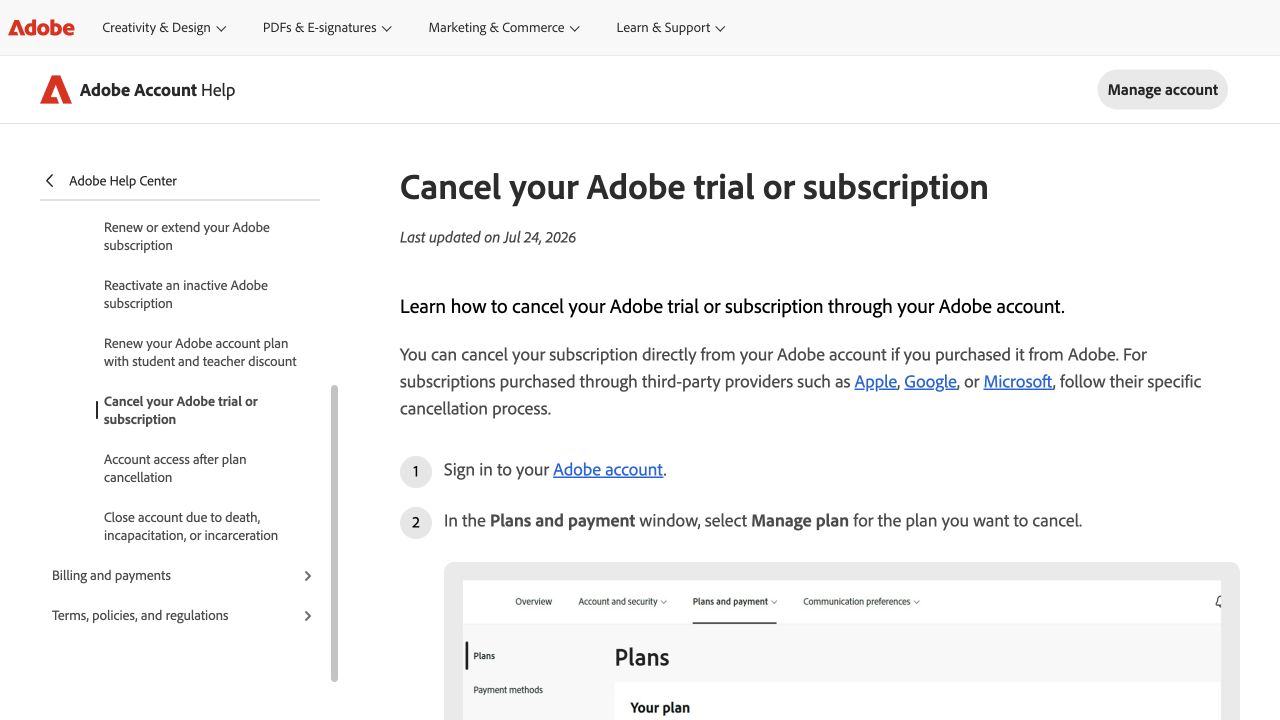 Adobe official trial and subscription cancellation steps