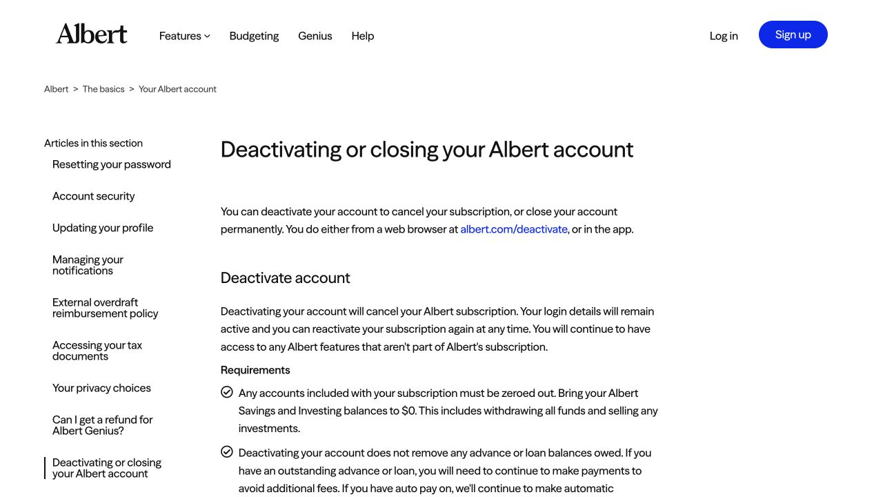 Official Albert cancellation help page