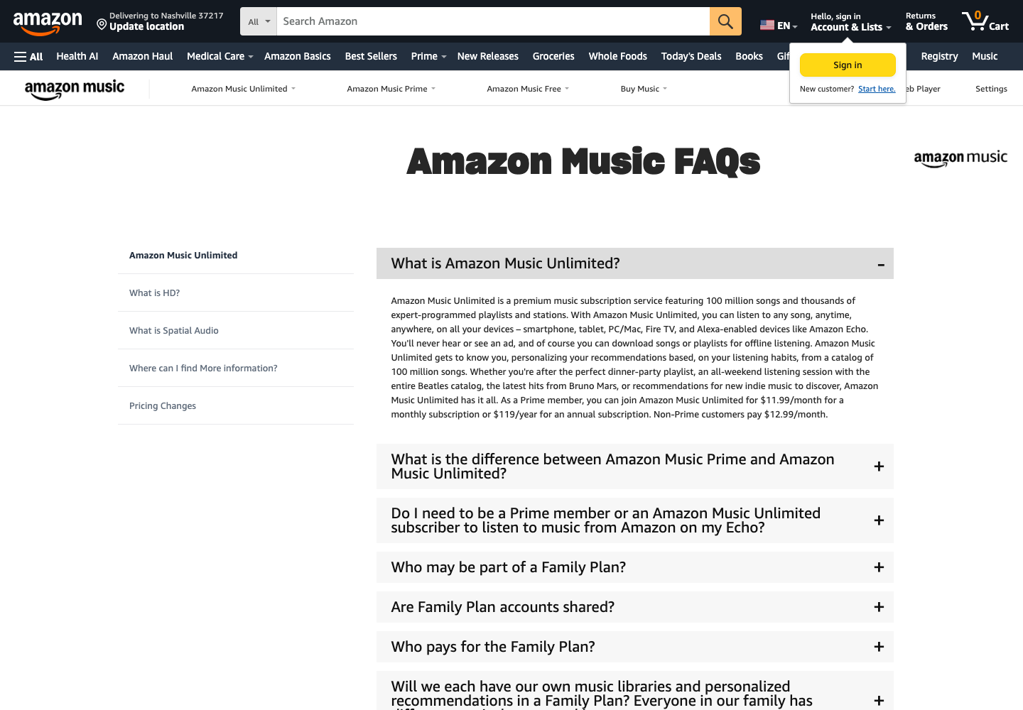 Amazon Music Family official public support page used to verify this cancellation guide