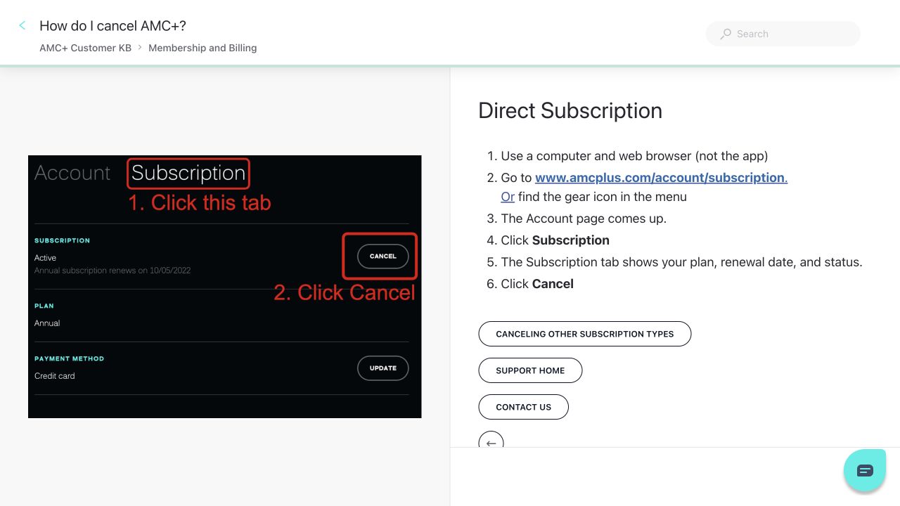 AMC Plus Support showing the Subscription tab and Cancel button for direct subscriptions