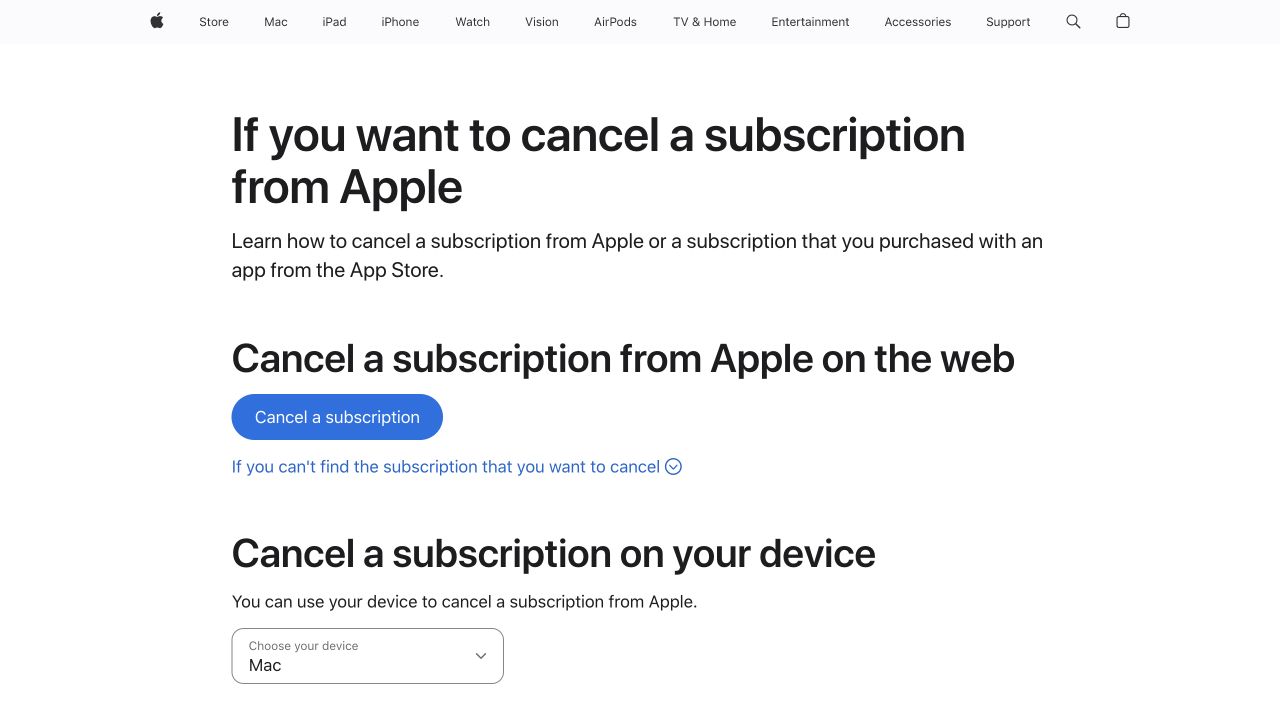 Apple Support showing how to cancel a subscription on Apple devices and the web