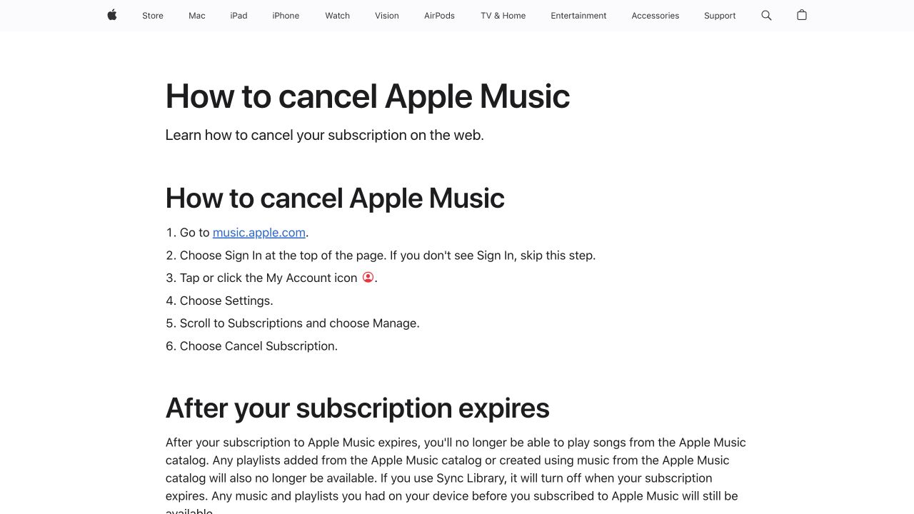 Apple Support page listing the six web steps to cancel Apple Music