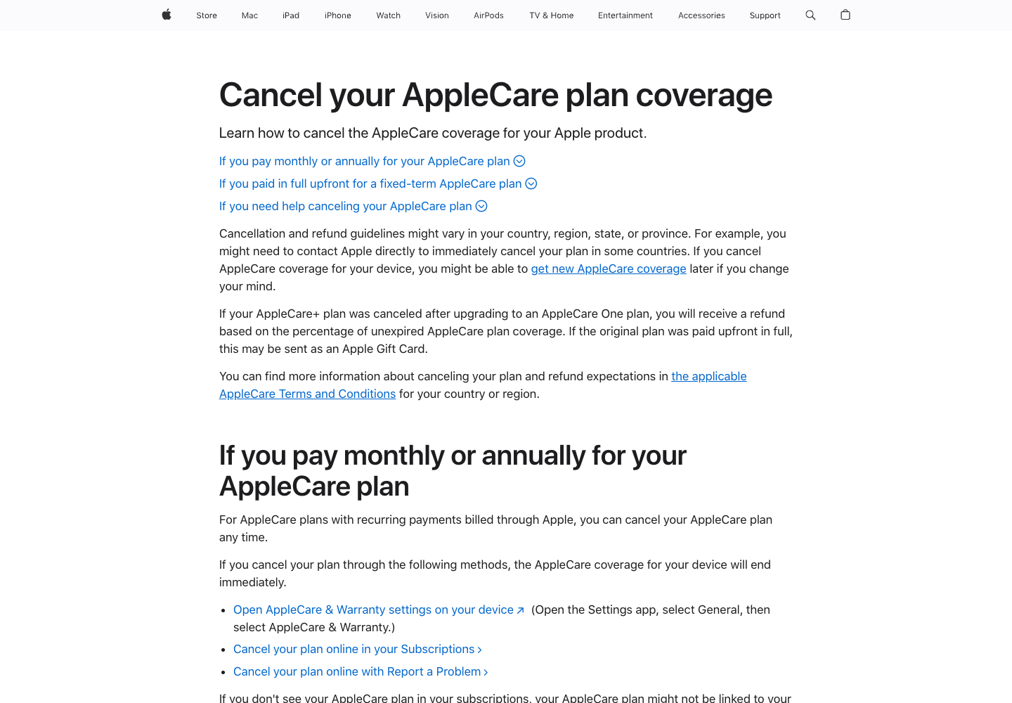 Apple Support page explaining how to cancel AppleCare plan coverage