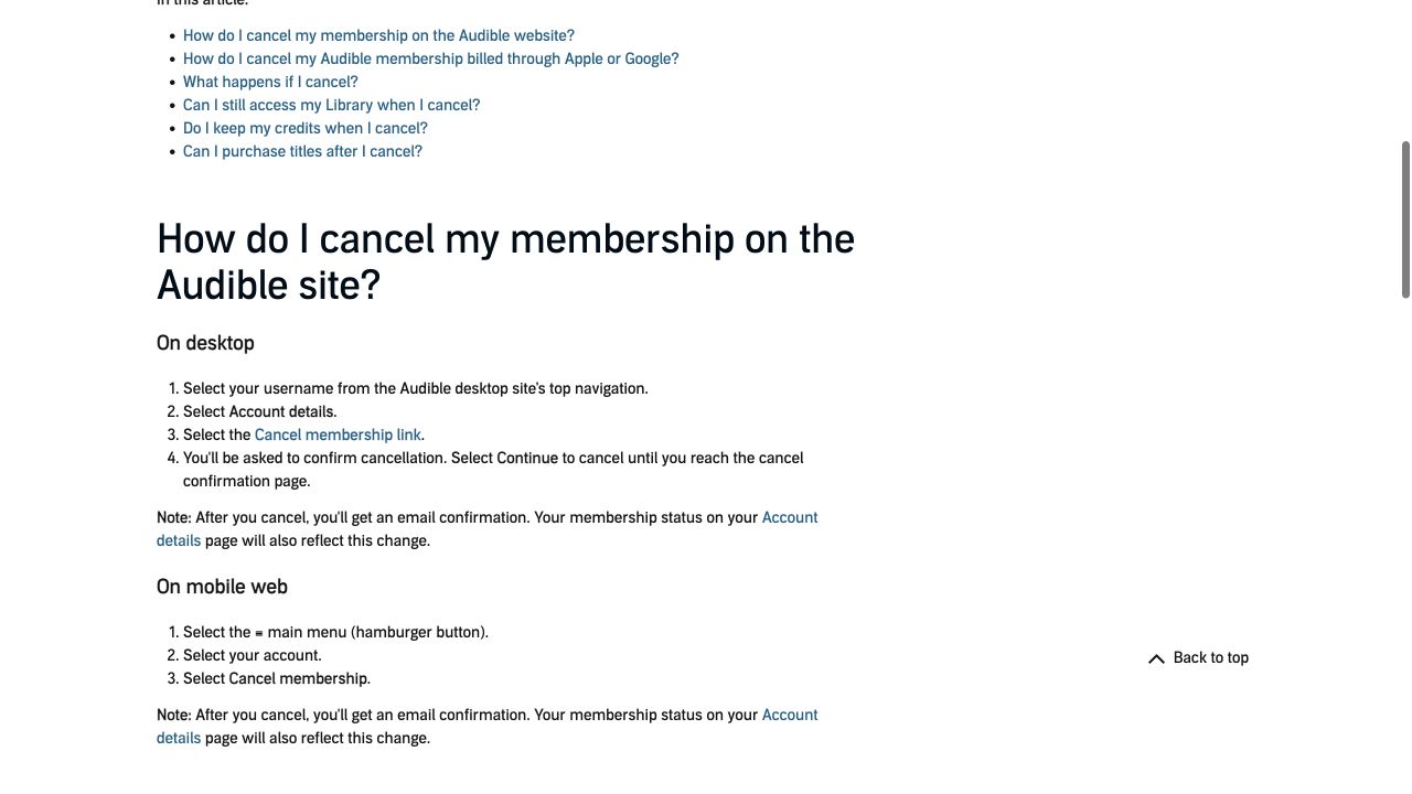 Audible public Help Center listing desktop and mobile web cancellation steps