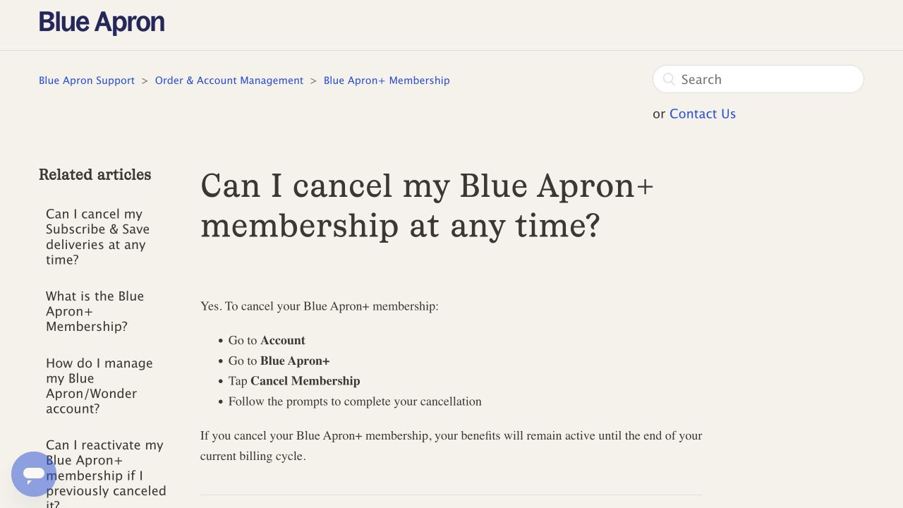 Blue Apron official membership cancellation article