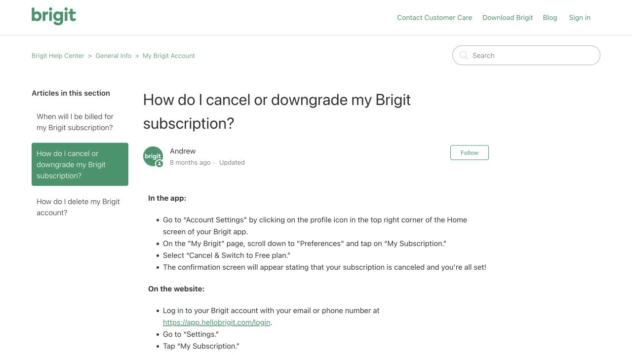 Brigit official cancel or downgrade instructions