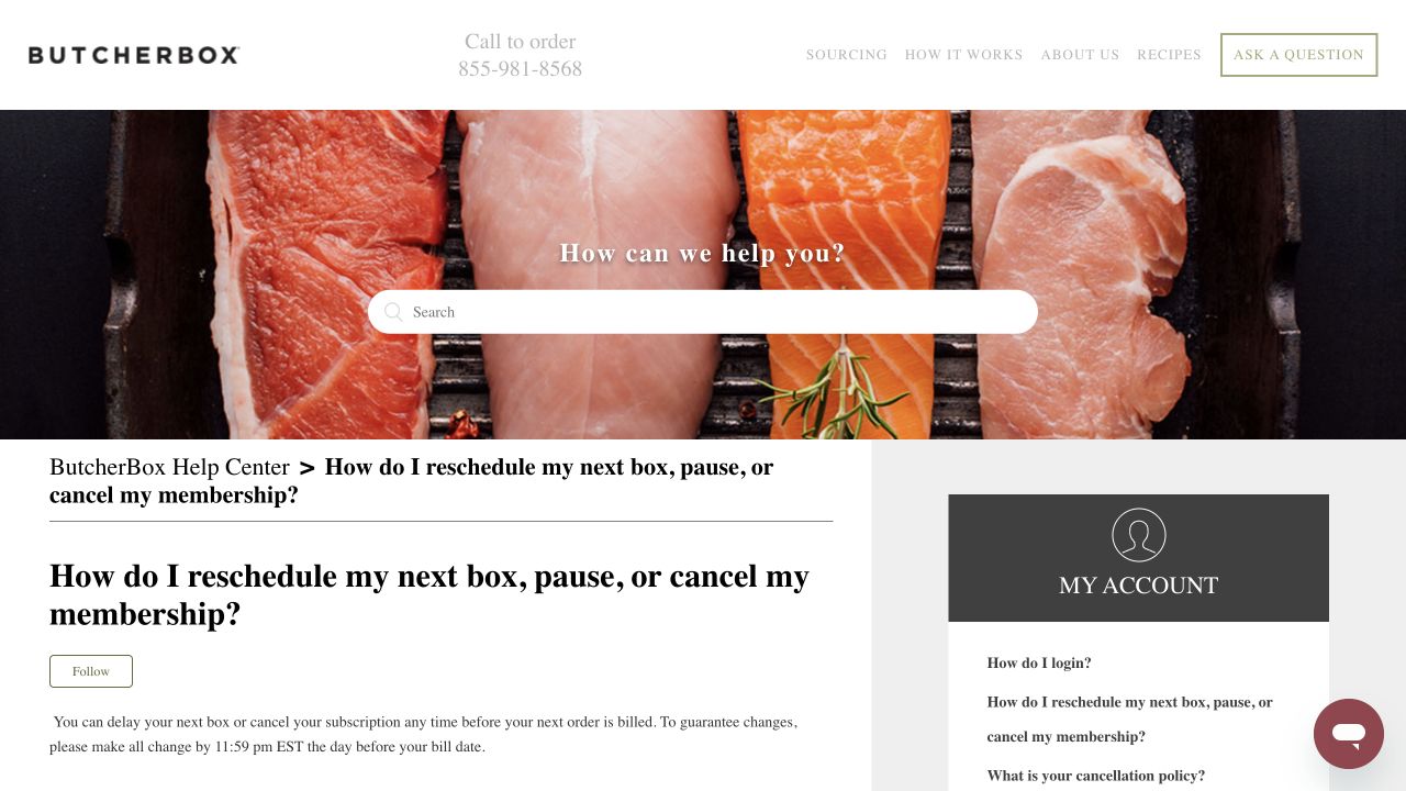 ButcherBox official help article for pausing or cancelling membership