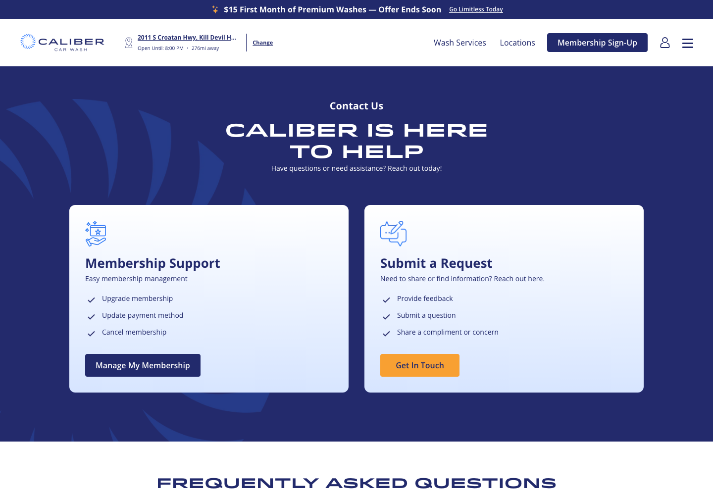 Caliber Car Wash official public support page used to verify this cancellation guide