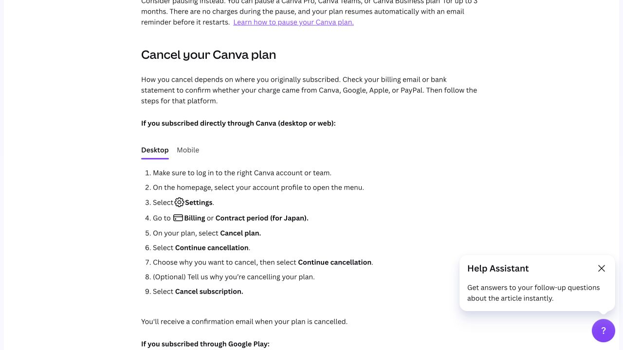 Canva official desktop cancellation steps