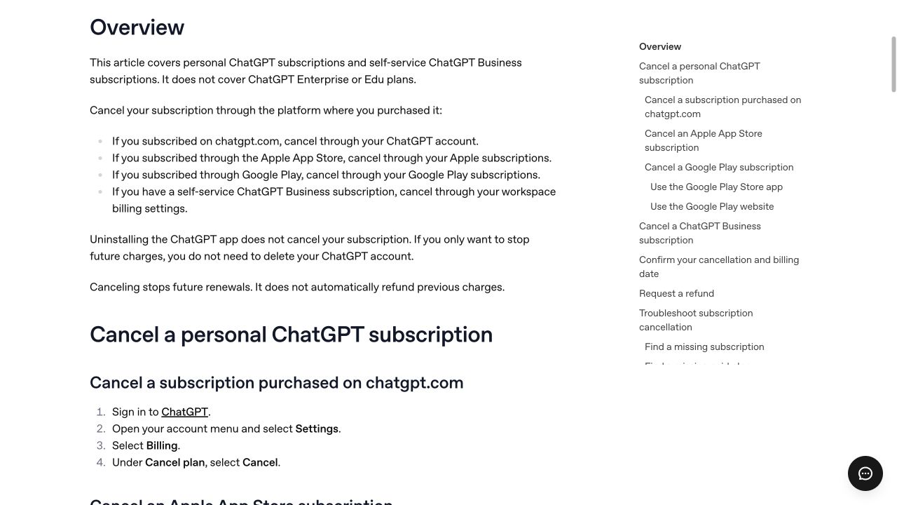 OpenAI Help Center listing the steps to cancel a ChatGPT subscription purchased on chatgpt.com