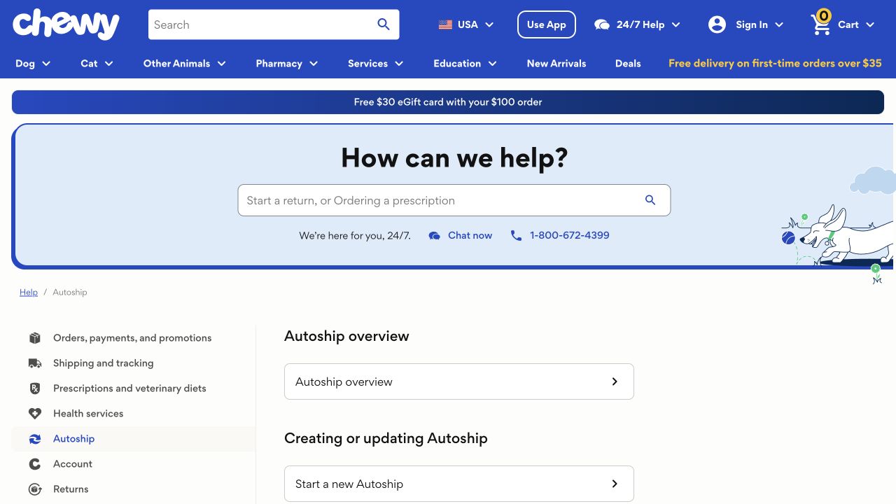 Official Chewy Autoship cancellation help page