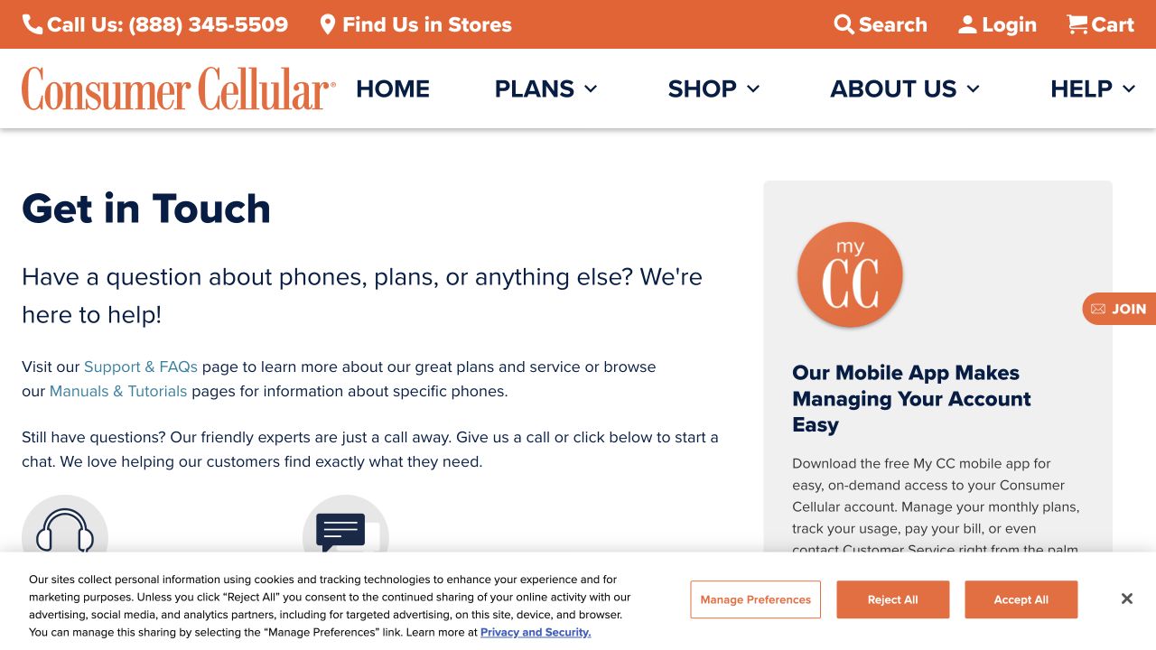 Consumer Cellular contact page showing its customer-service number and account support