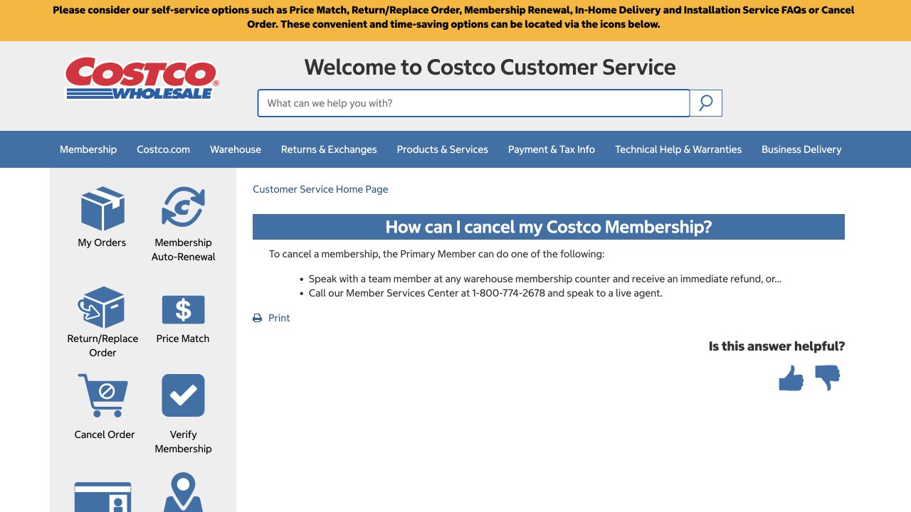 Official Costco Membership cancellation help page