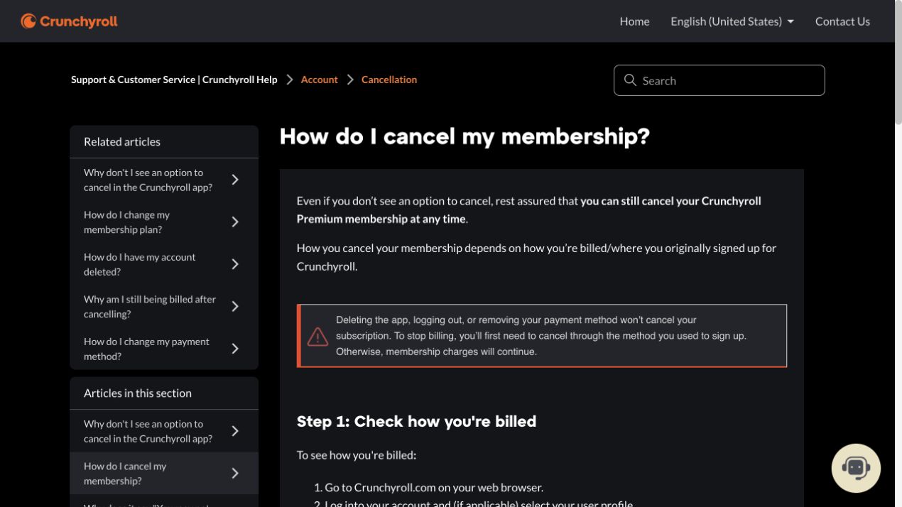 Crunchyroll public help page explaining that cancellation depends on the billing provider
