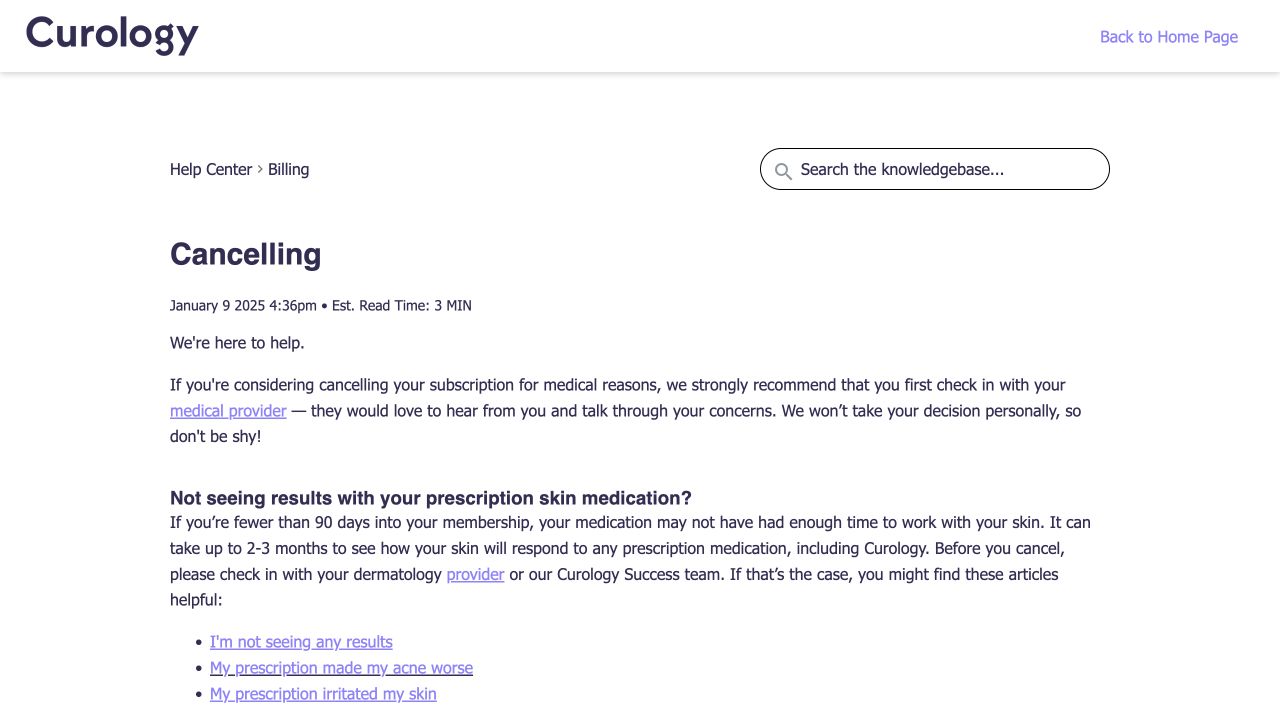 Curology official cancellation help article