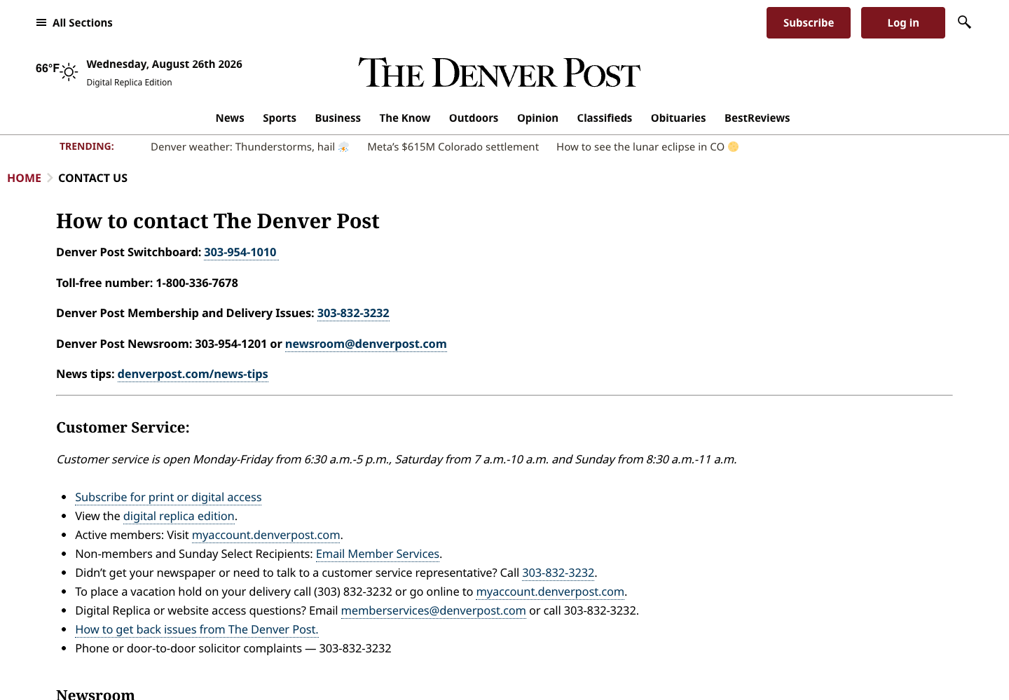 Denver Post official public support page used to verify this cancellation guide