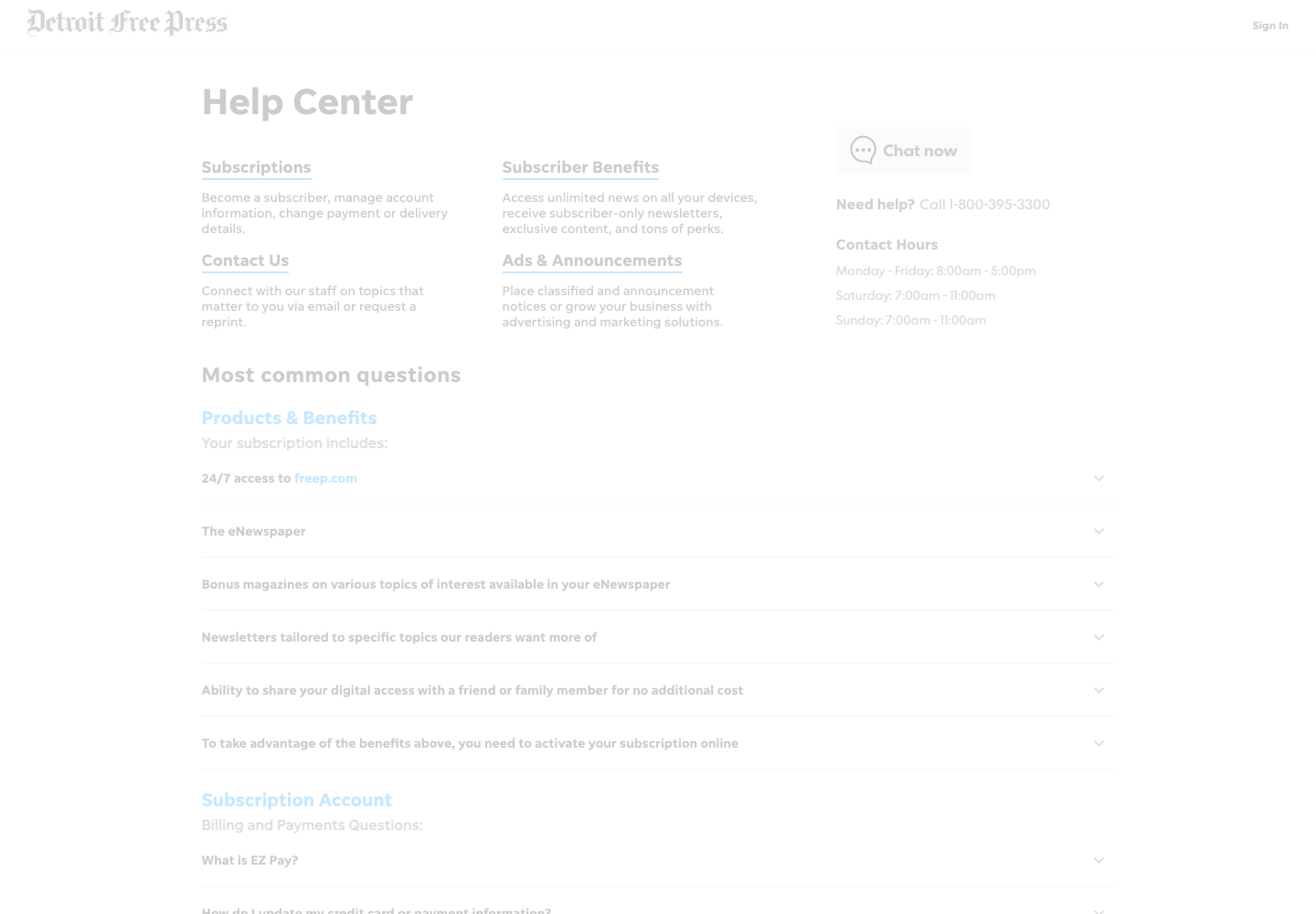 Detroit Free Press official public support page used to verify this cancellation guide