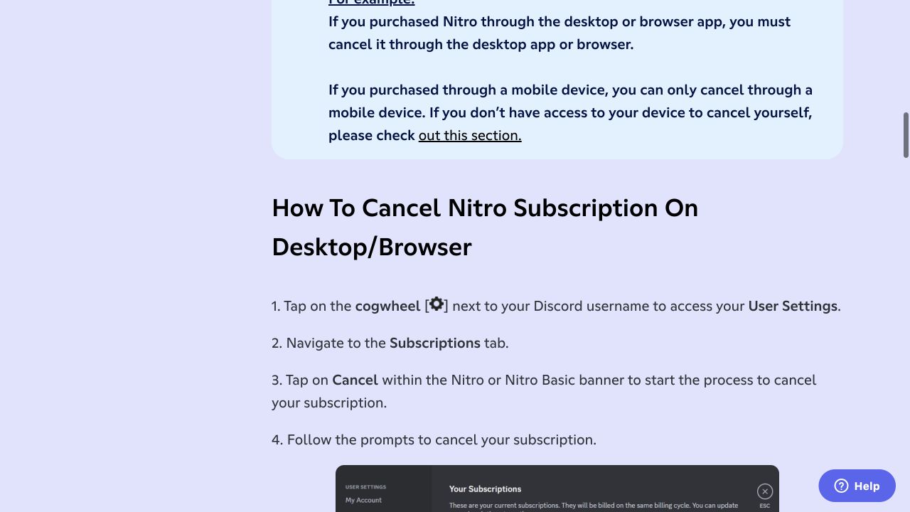Discord Support listing the desktop and browser steps to cancel Nitro