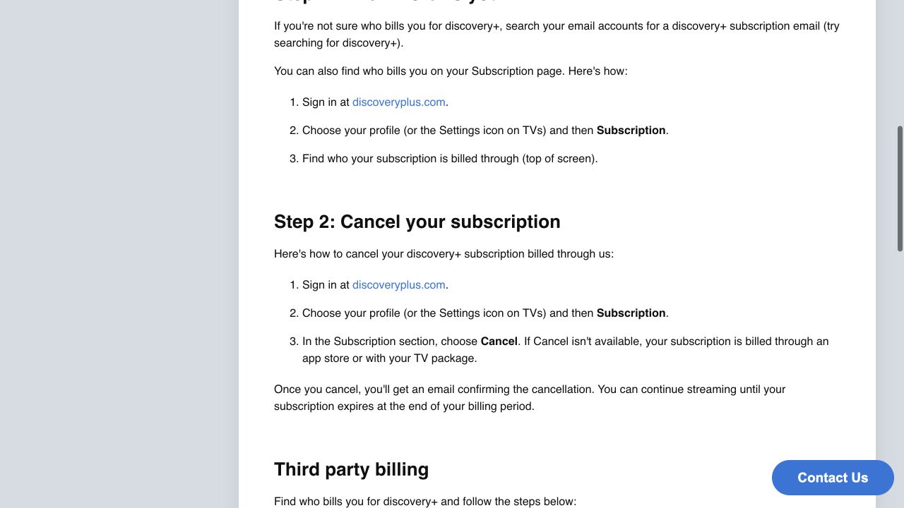Discovery Plus Help showing the direct subscription cancellation steps