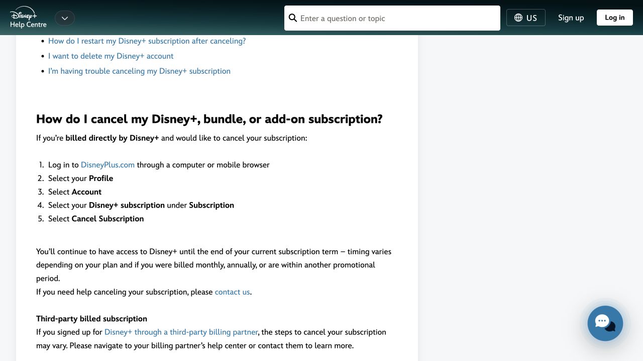 Disney Plus public Help Centre listing the five steps to cancel a directly billed subscription