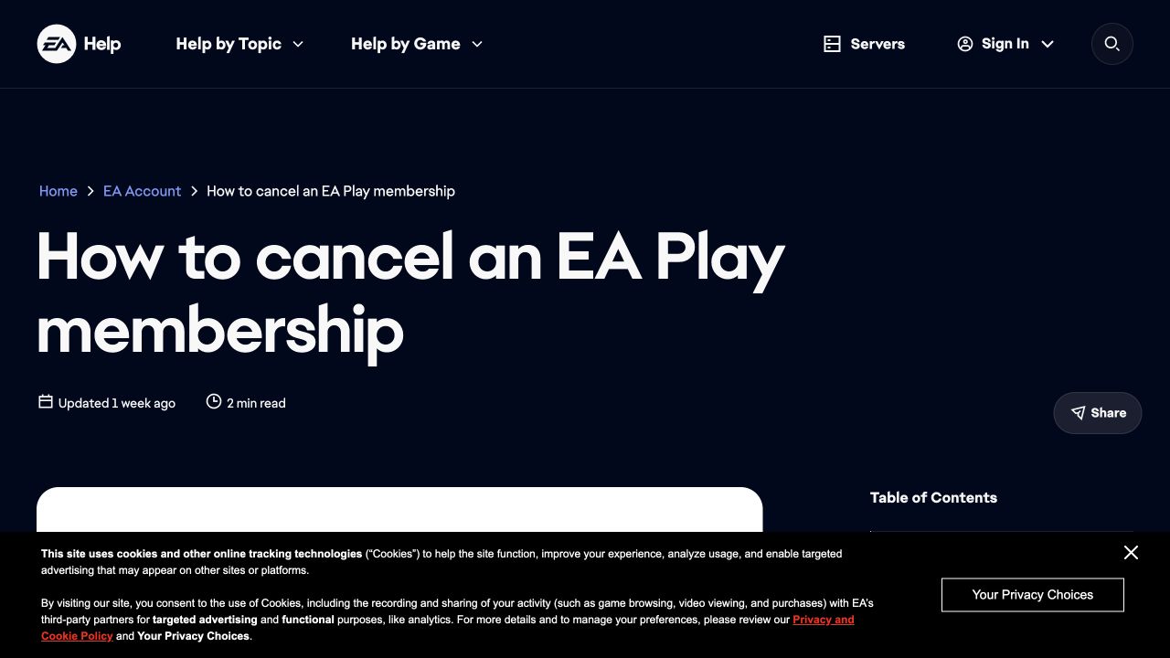 EA Help article titled How to cancel an EA Play membership