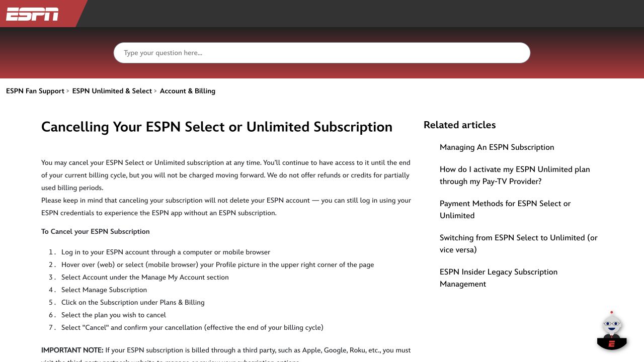 ESPN Fan Support listing the seven steps to cancel an ESPN subscription