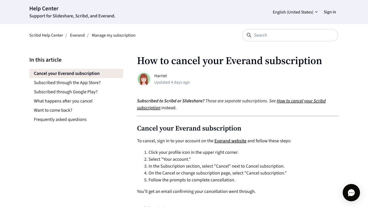 Official Everand cancellation help page