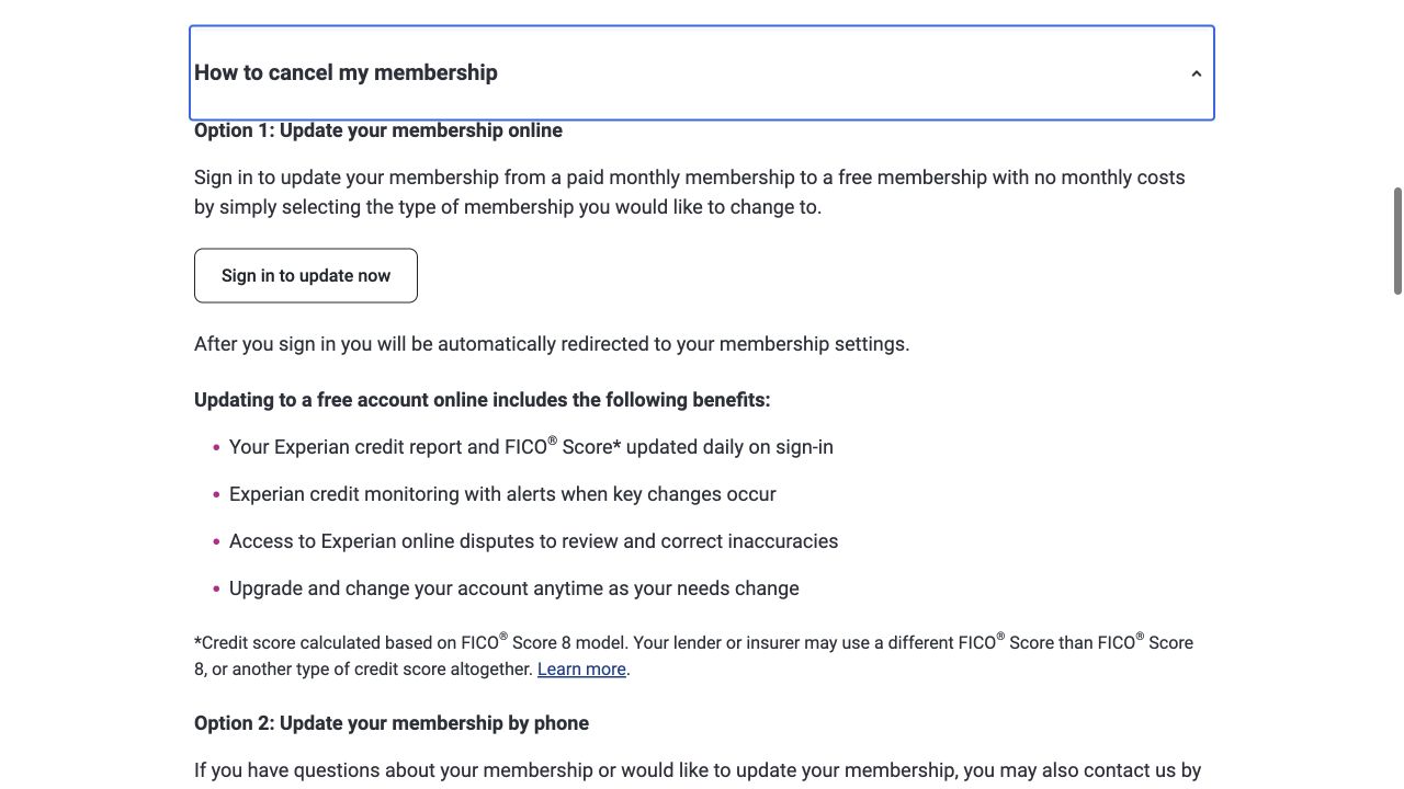 Experian public help page showing how to change a paid membership to a free membership online