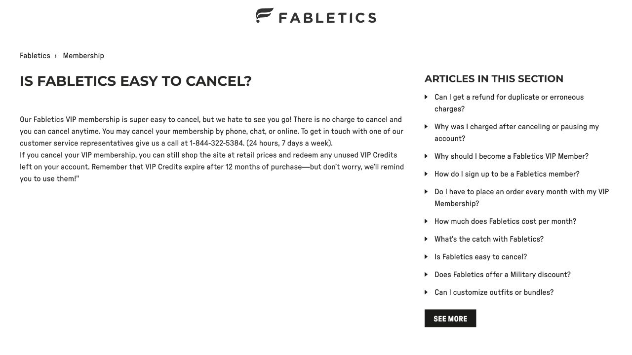 Official Fabletics cancellation help page