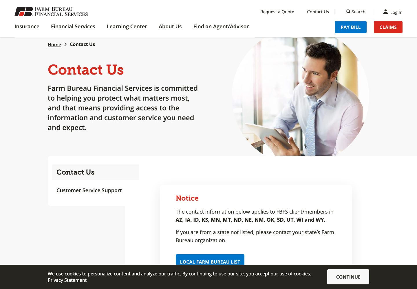 Farm Bureau Financial Services official public support page used to verify this cancellation guide