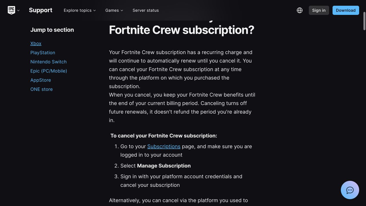 Epic Games Support showing the three steps to cancel Fortnite Crew