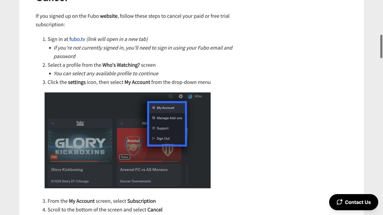 Fubo public Help Center showing the Settings menu and My Account option