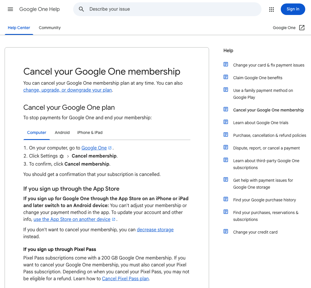 Google One Help public page used to verify the Gemini Advanced cancellation route