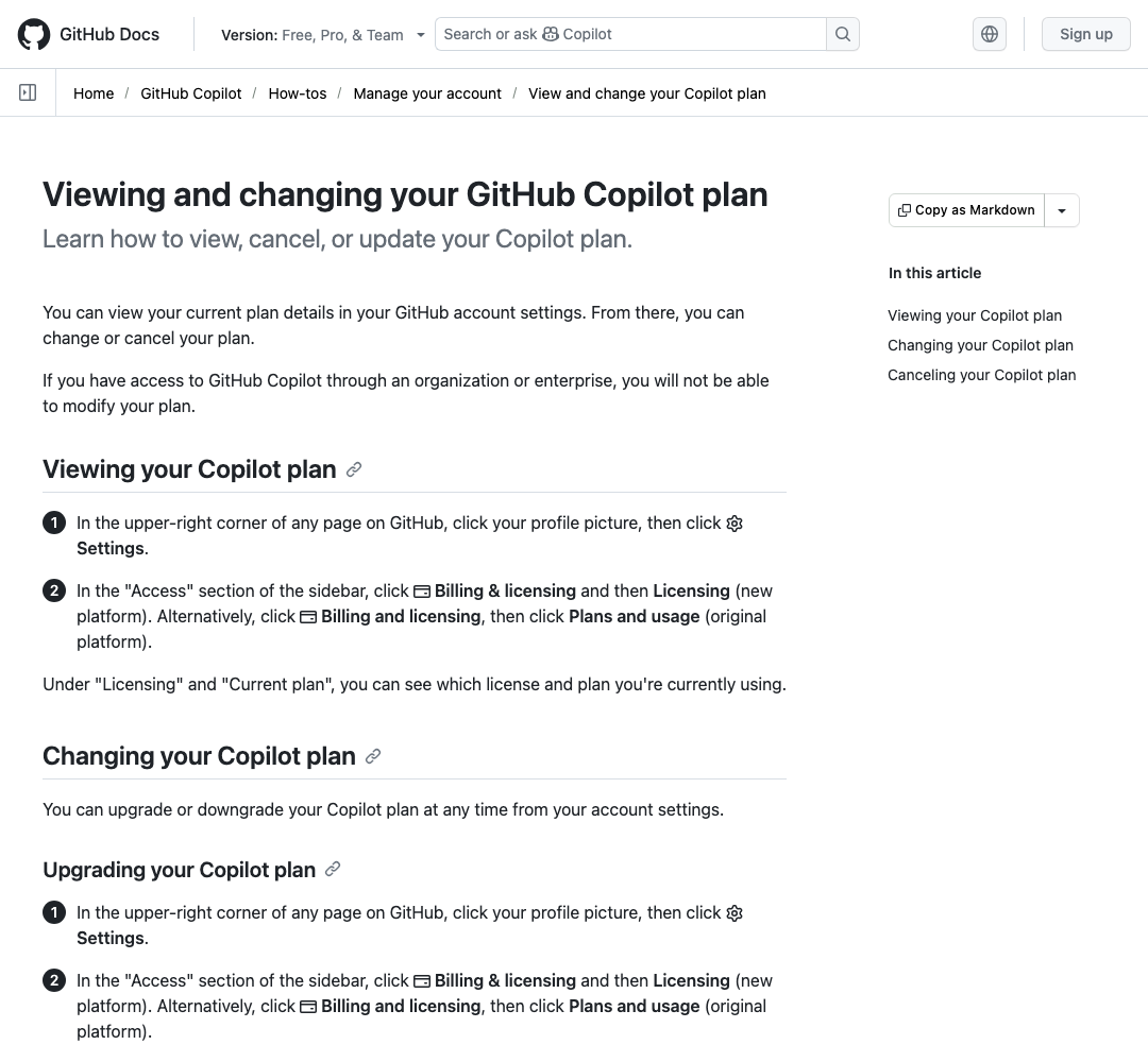 Github Copilot public help or support page used to verify the cancellation guide