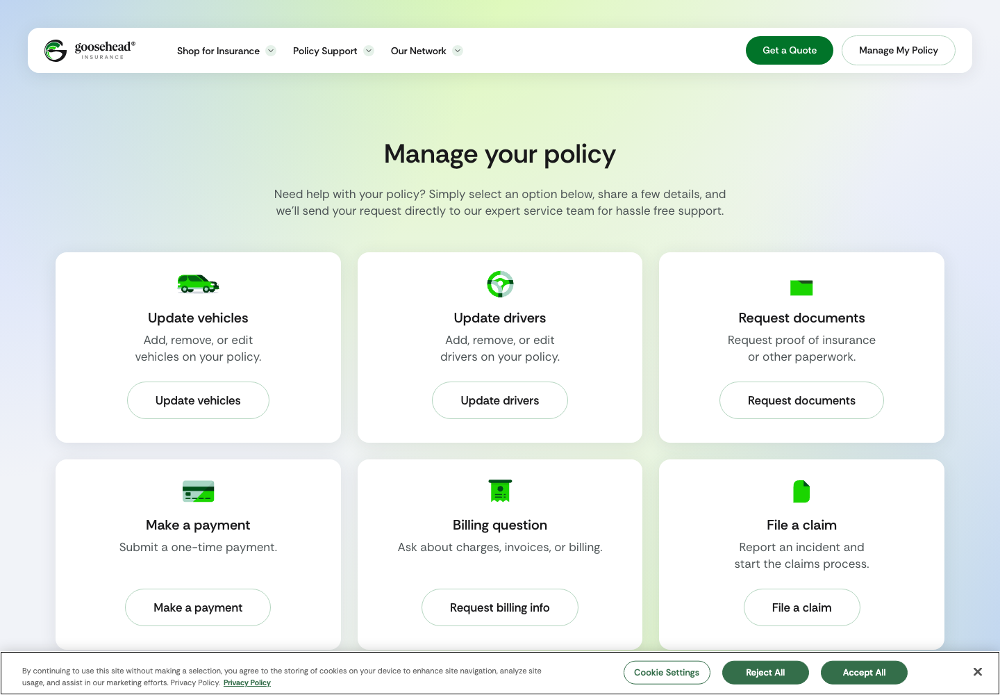 Goosehead Insurance official public support page used to verify this cancellation guide