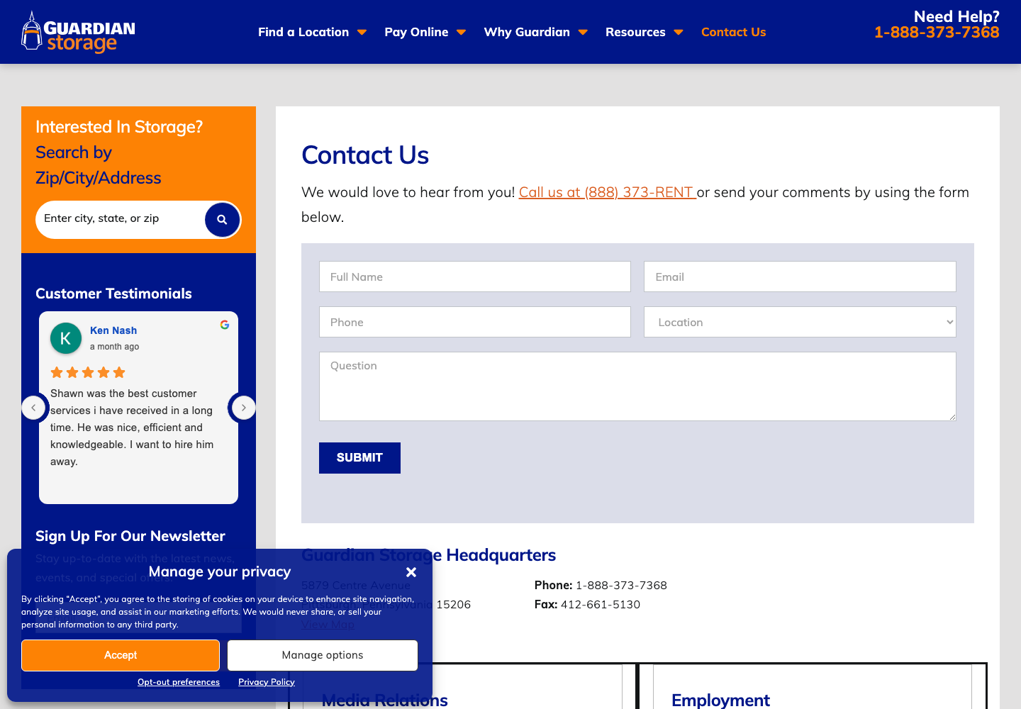 Guardian Storage official public support page used to verify this cancellation guide