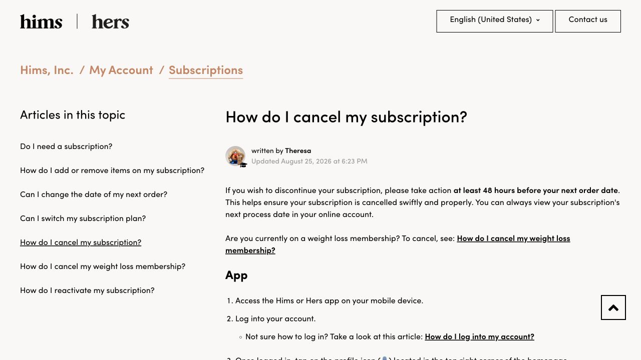 Hims official subscription cancellation instructions