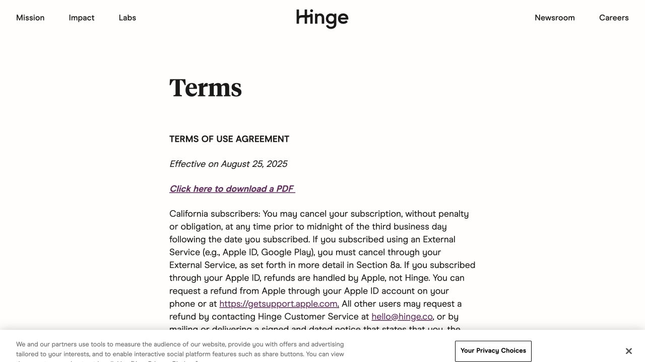 Hinge official cancellation and refund terms