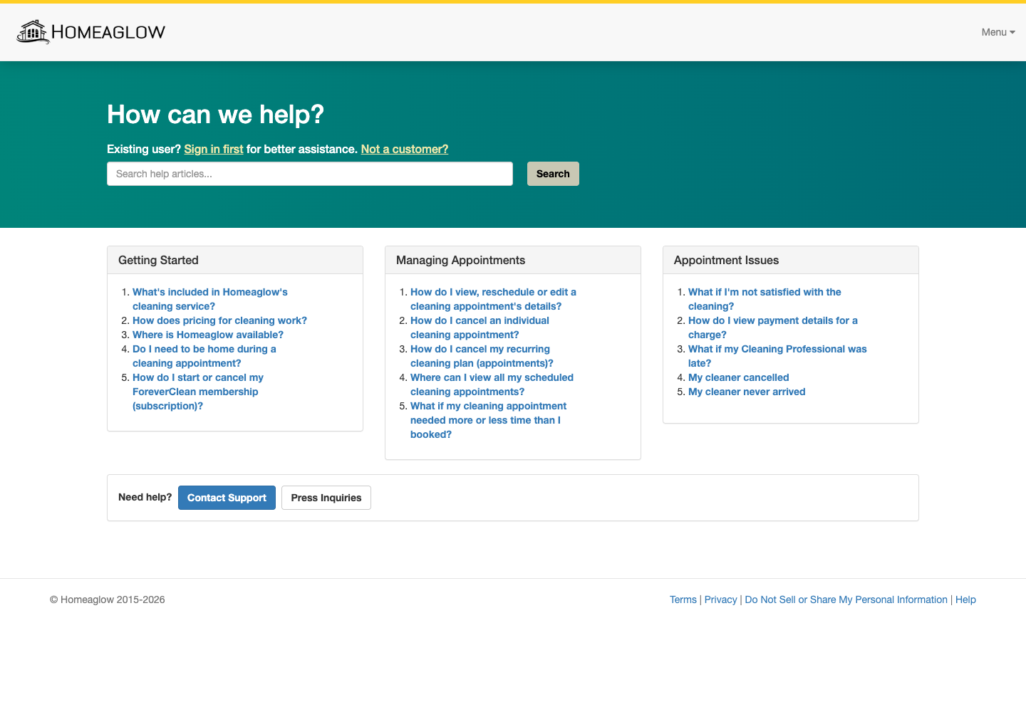 Homeaglow official public support page used to verify this cancellation guide