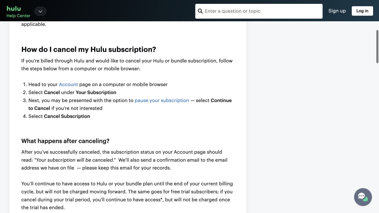 Hulu public Help Center listing the four cancellation steps for Hulu-billed subscriptions