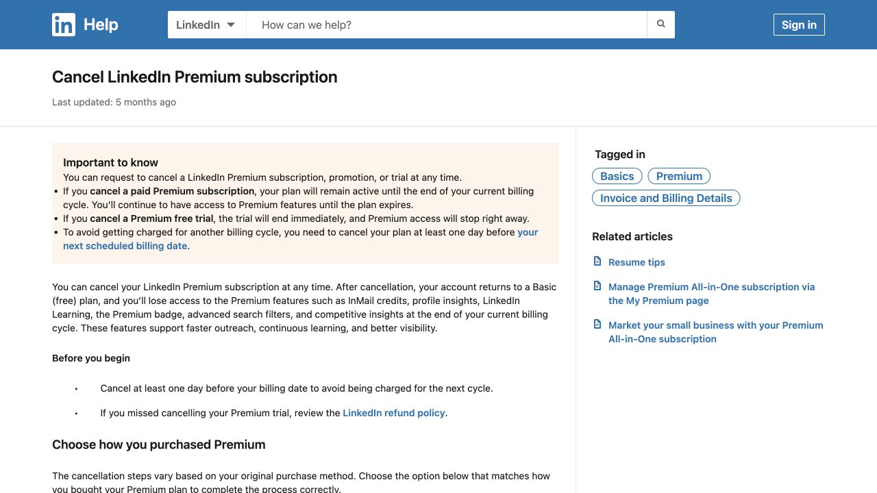 Official Linkedin Premium cancellation help page