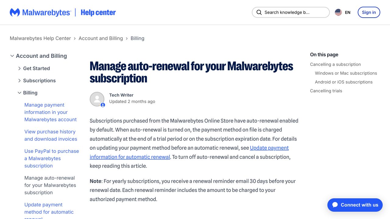 Malwarebytes official renewal and billing controls