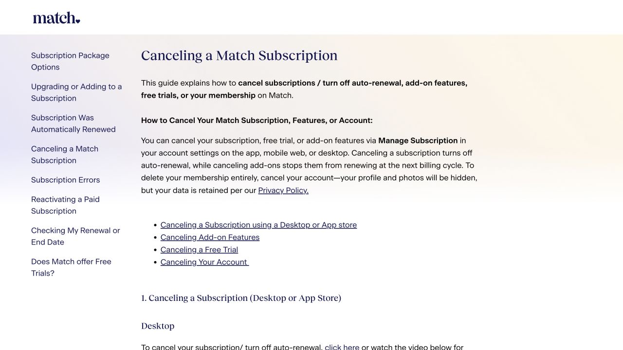 Match official subscription cancellation instructions