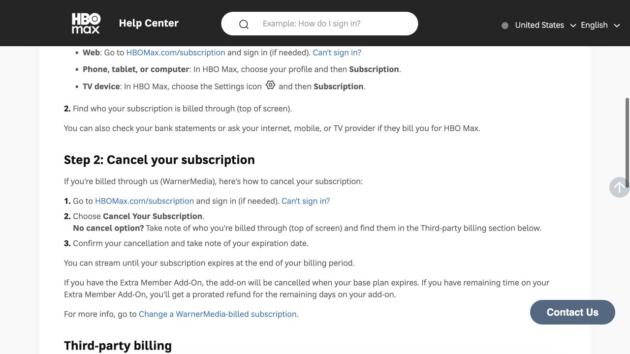 Max Help Center showing how to cancel a Max-billed subscription