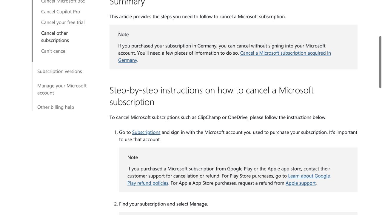 Microsoft Support listing the steps to cancel a Microsoft subscription