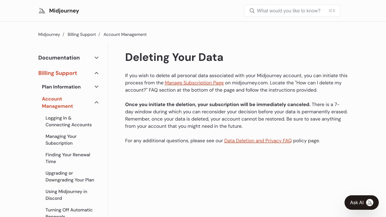 Midjourney official subscription and account deletion guidance