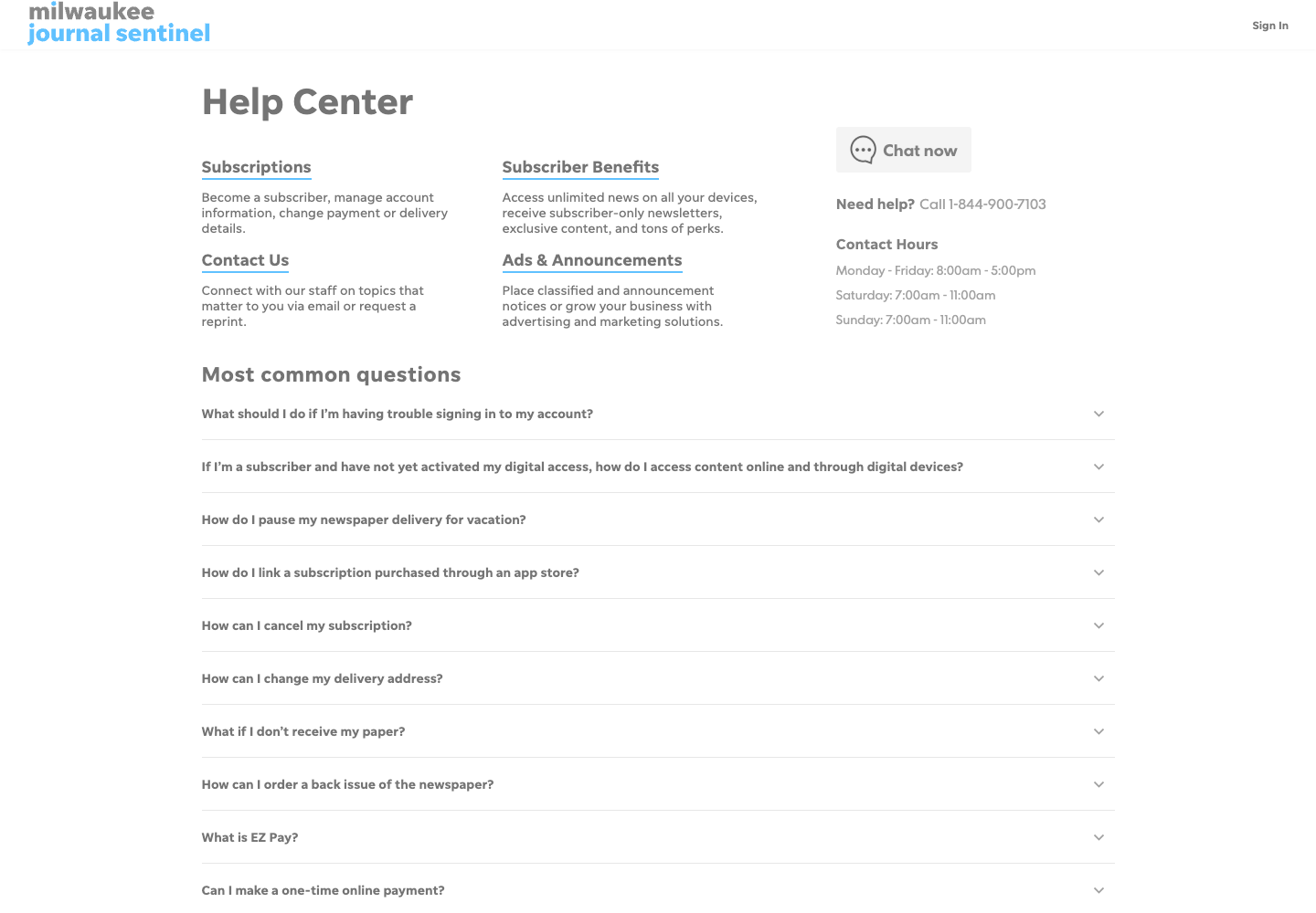 Milwaukee Journal Sentinel official public support page used to verify this cancellation guide