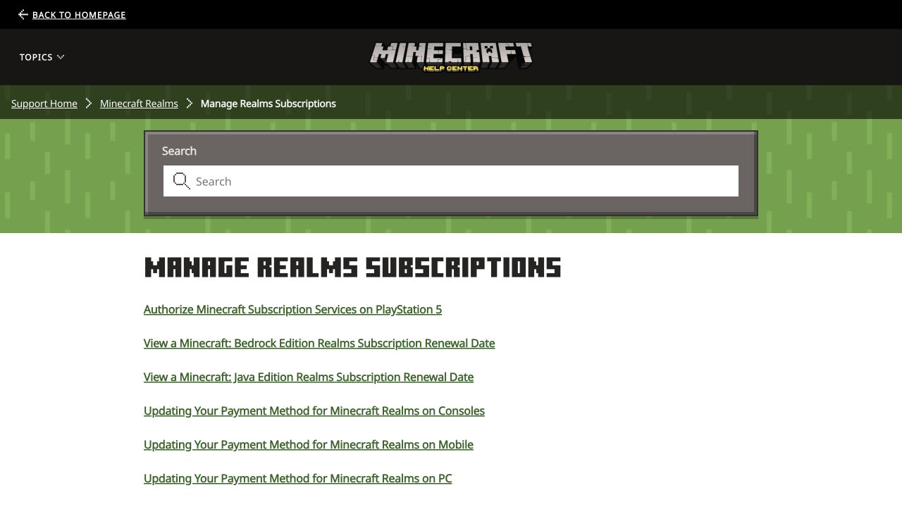Minecraft official subscription management links